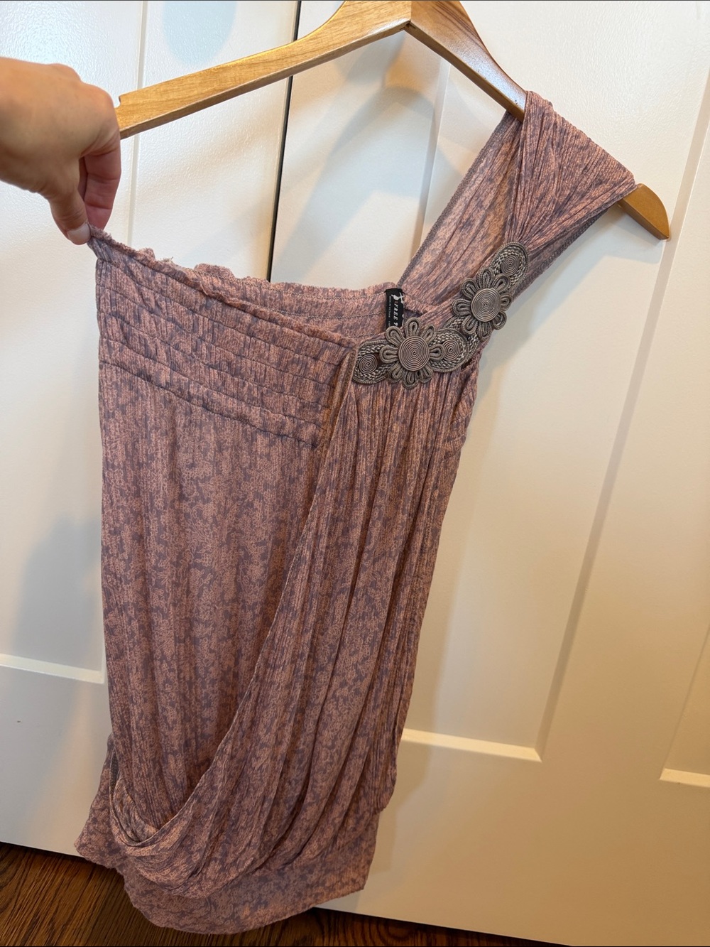 Vintage Free People XS One Shoulder Draped Top Boho Y2K Floral Appliqué